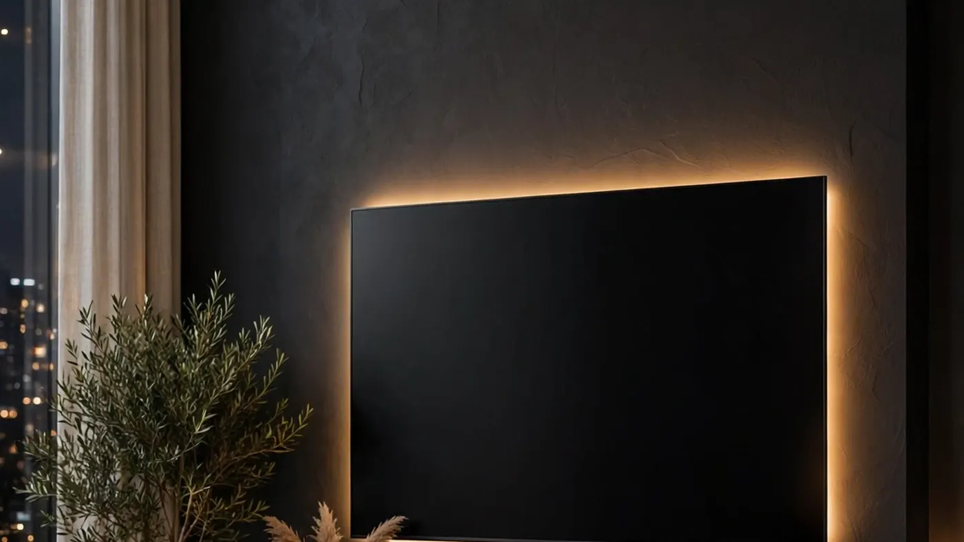 TV with warm backlight mounted on a dark wall by Toronto Smart Mount