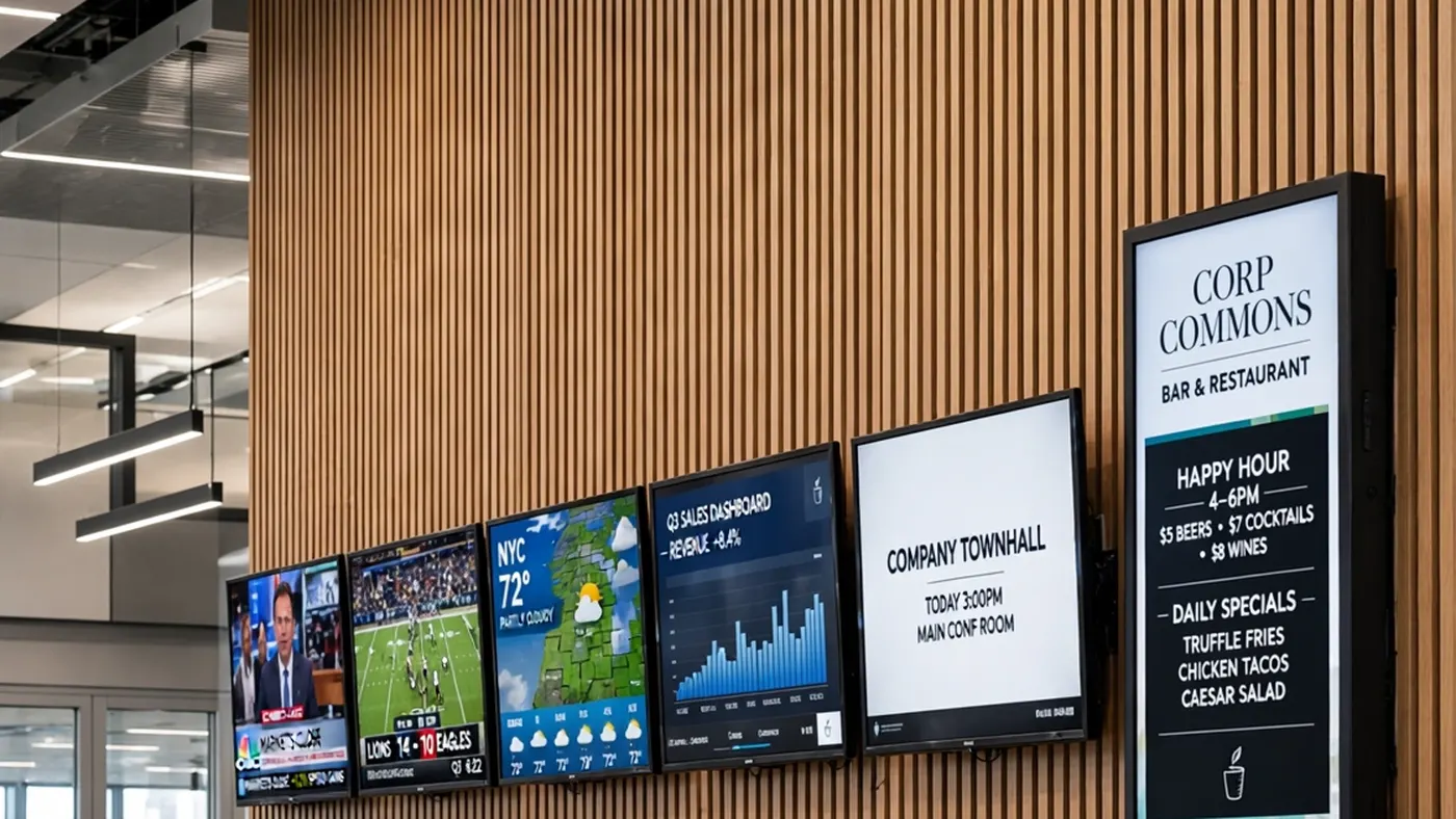 Row of mounted screens above a restaurant bar